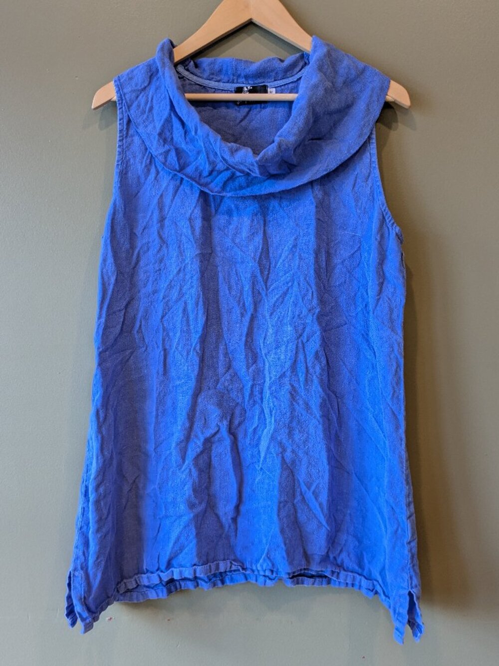 Fenini Linen Tunic Tank Top Med Blue Cowl Neck Sleeveless Lagenlook Slub A Line